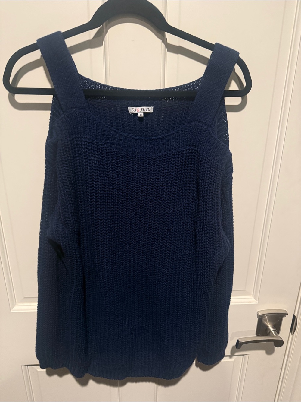 Navy Blue Cold-Shoulder pullover Sweater with scoop neck.